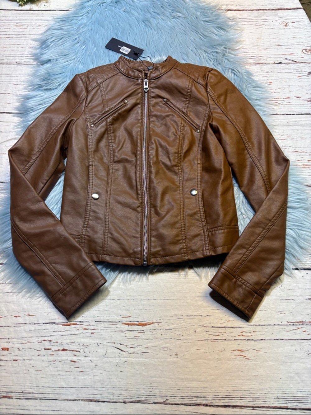 NWT Vero Moda Favodona Coated Faux Leather Cognac Jacket sz XS